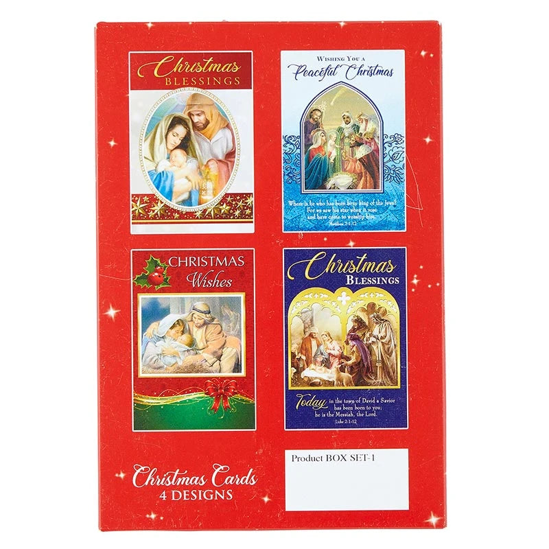 For Unto Us A Child Is Born boxed Christmas card set with 12 religious cards in 4 assorted designs.