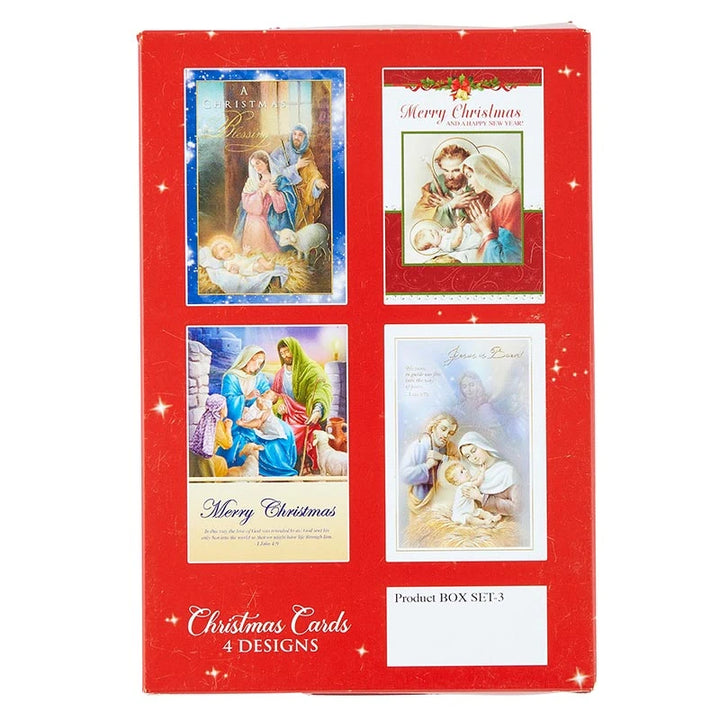 Holy Family boxed Christmas card set with 12 religious cards in 4 assorted designs.
