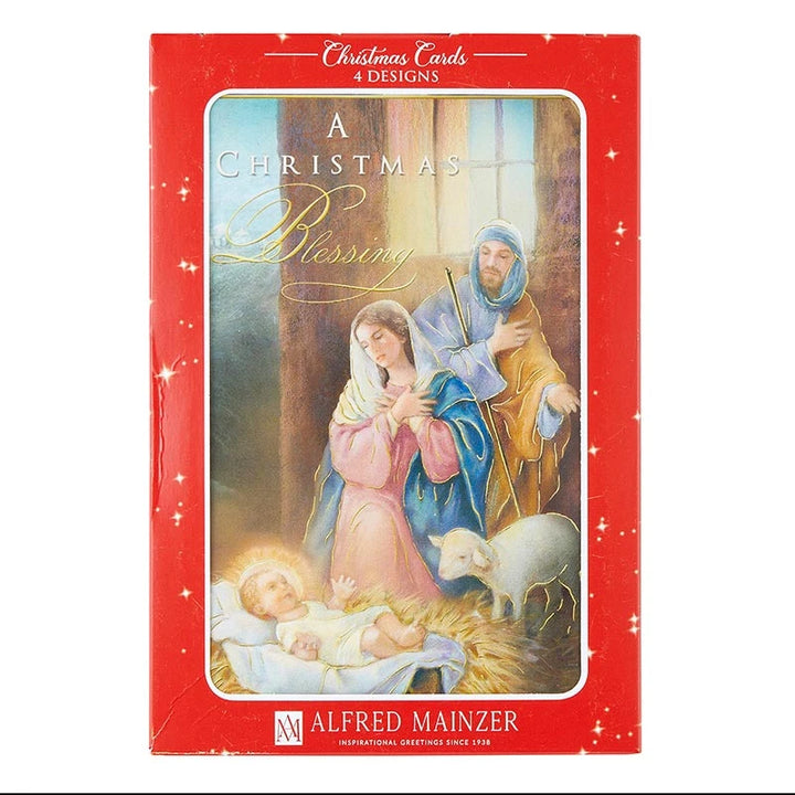 Holy Family boxed Christmas card set with 12 religious cards in 4 assorted designs.