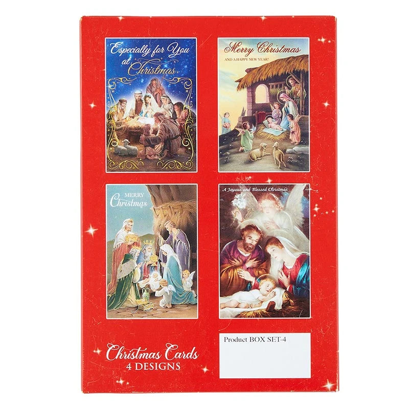 Boxed 5 x 7 Nativity Christmas greeting cards with 3 cards each of 4 different designs.