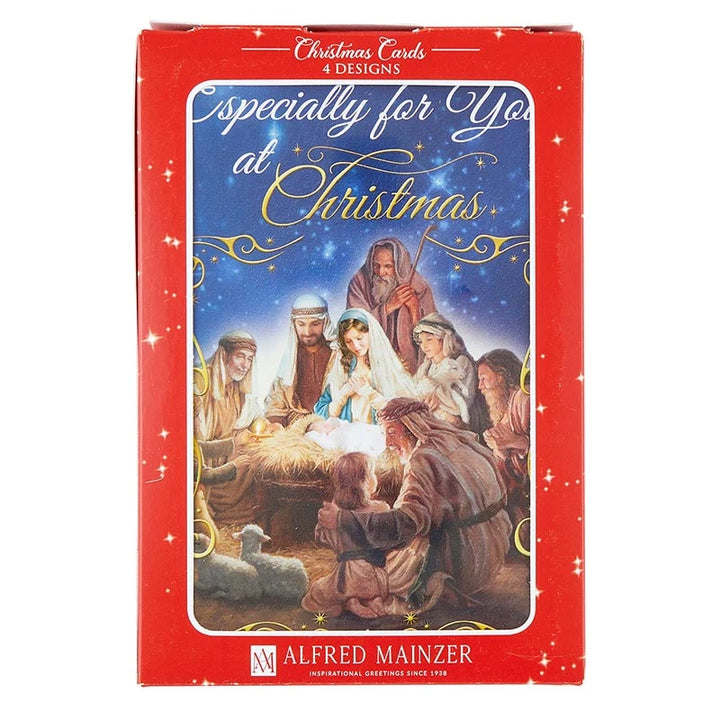  Nativity boxed Christmas card set with 12 religious cards in 4 assorted designs.