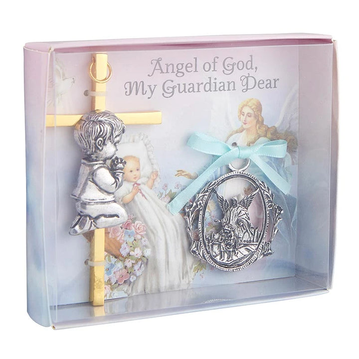 Boy Cross with Guardian Angel Crib Medal Set - Blue Ribbon