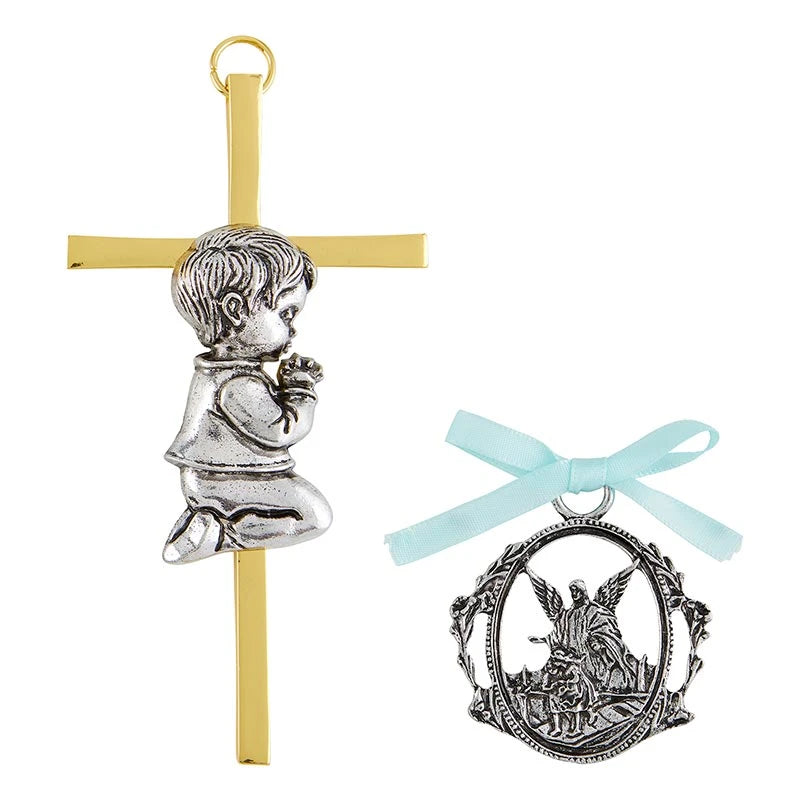 Boy cross with Guardian Angel crib medal set featuring blue ribbon and pewter finish