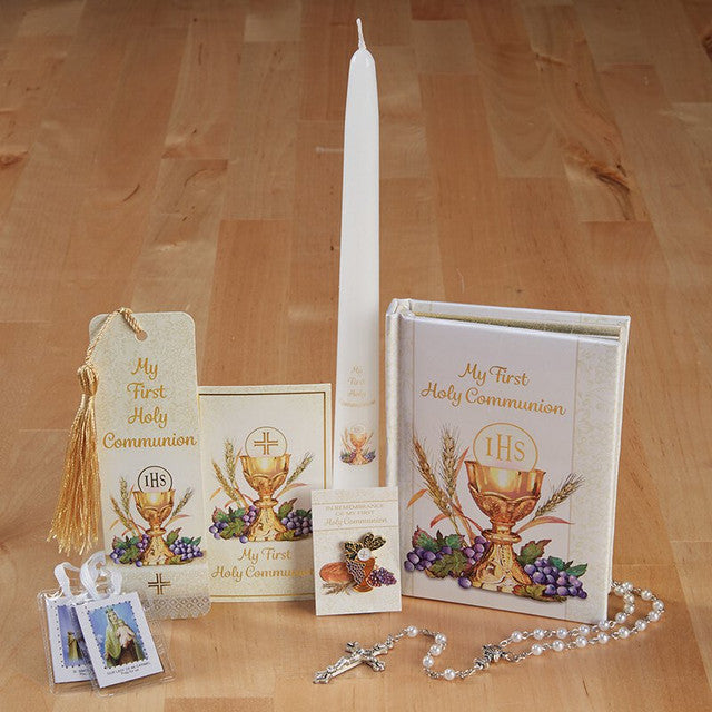 Bread of Life Deluxe First Communion boxed gift set with Mass book, rosary, scapular, candle and Catholic accessories