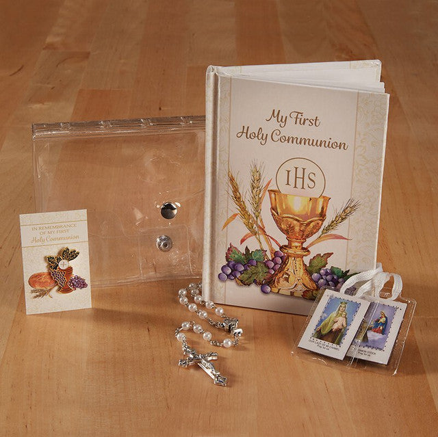 Bread of Life First Communion wallet set with Mass book, rosary, scapular and lapel pin