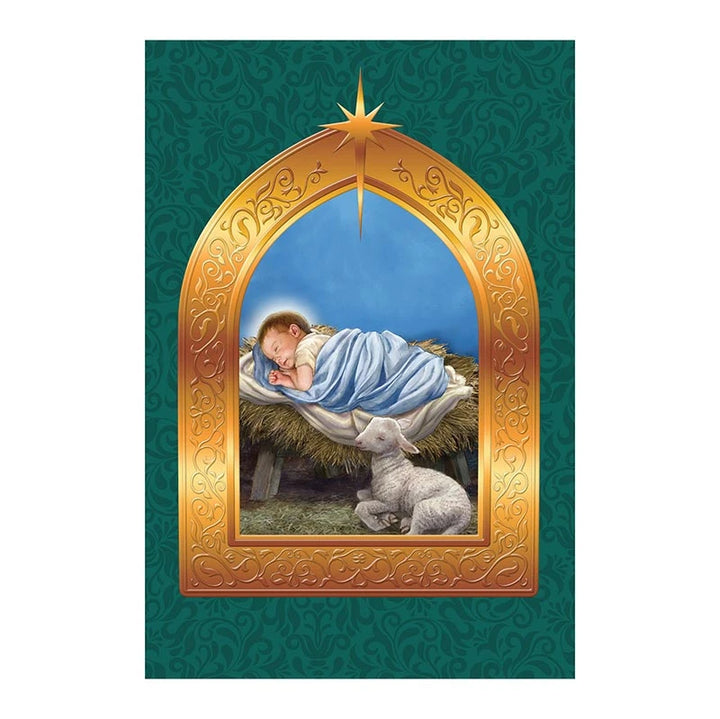 Christ in a Manger Christmas Card with elegant gold foil embossed Catholic Nativity design.