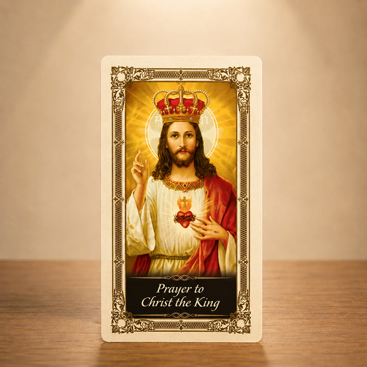 Christ the King Prayer Card with classic Catholic artwork and gold color accents