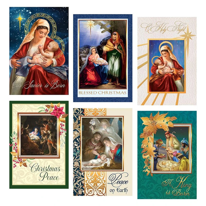 Boxed Christmas greeting card assortment with 2 cards each of 6 different faith-filled designs.