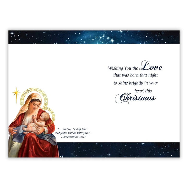 Gold foil embossed Catholic Christmas card set for family, friends, parishioners, and seasonal correspondence.