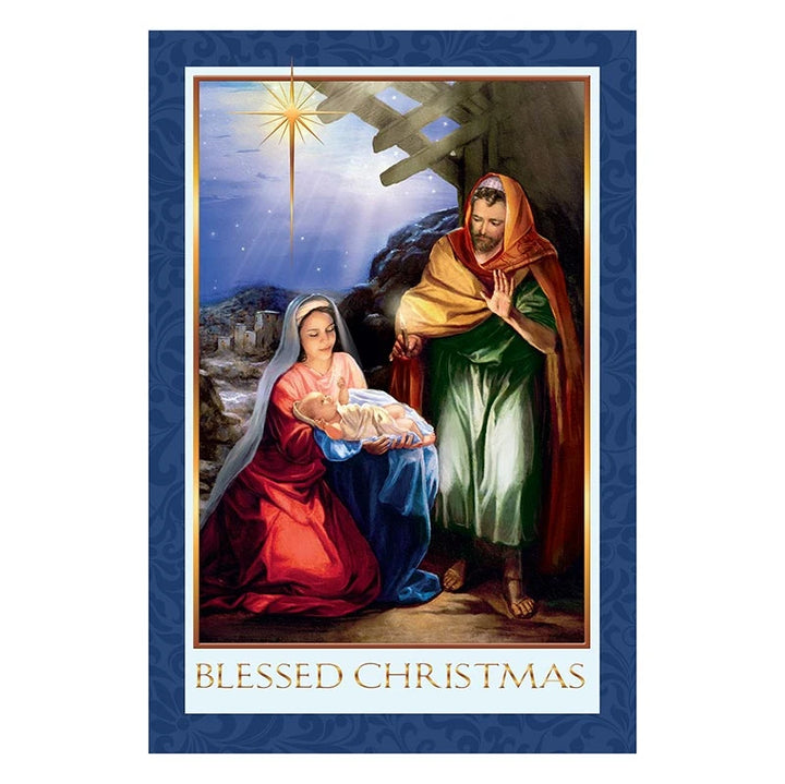 Gold foil embossed Catholic Christmas card set for family, friends, parishioners, and seasonal correspondence.