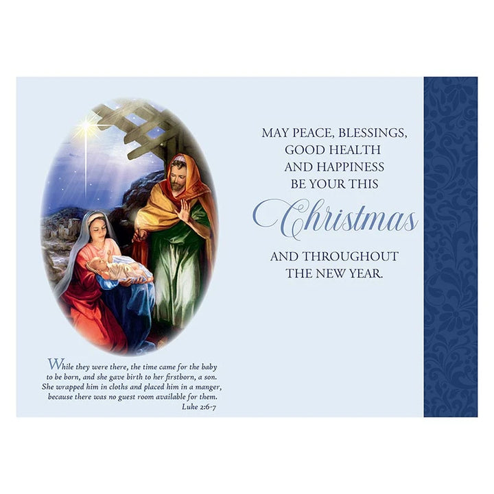 Gold foil embossed Catholic Christmas card set for family, friends, parishioners, and seasonal correspondence.