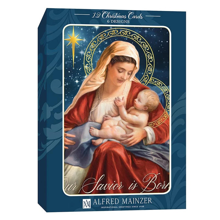 Christmas Blessings Boxed Card Set with 12 assorted Catholic Christmas cards in 6 gold foil embossed designs.