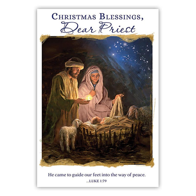 Christmas Blessings Dear Priest Card with elegant gold foil accents and a Catholic message of gratitude.