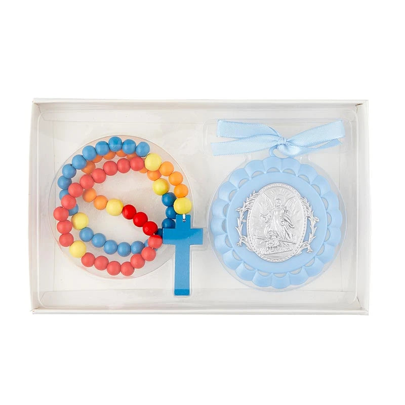 Catholic Baptism gift set with crib medal and wooden kiddie rosary for baby showers, christenings, and newborn keepsakes.