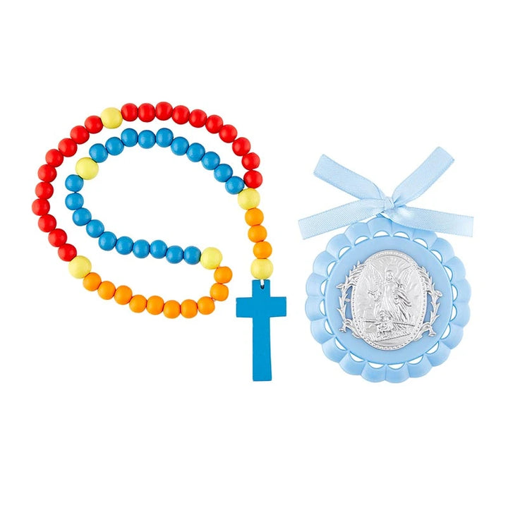 Crib Medal With Kiddie Rosary Catholic baby gift set featuring a decorative crib medal and 22-inch wooden rosary.