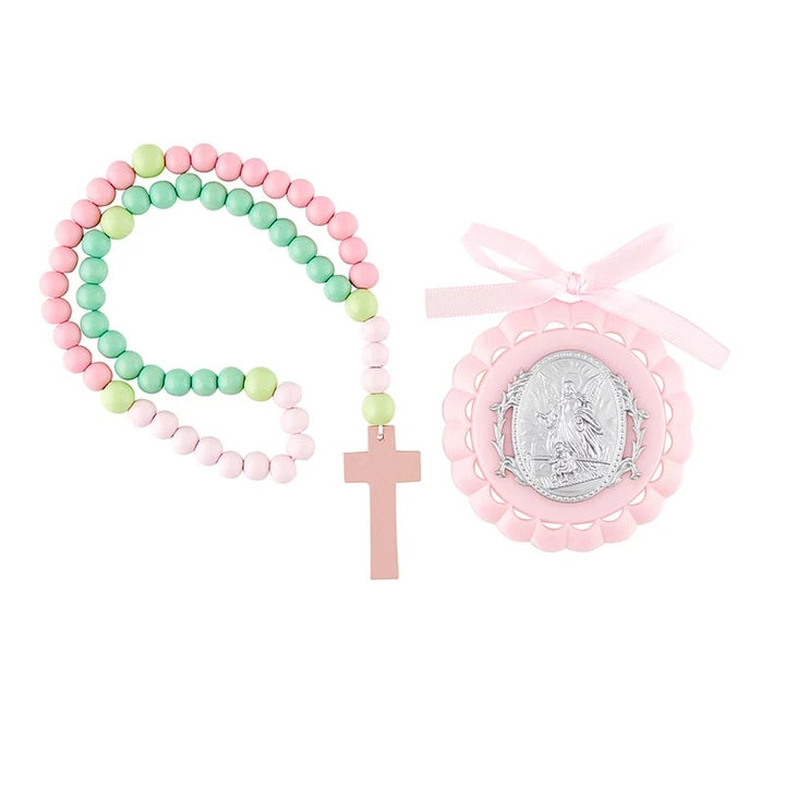 Crib Medal With Kiddie Rosary Set featuring plastic crib medal and 22-inch wooden rosary for Catholic baby Baptism gifts.