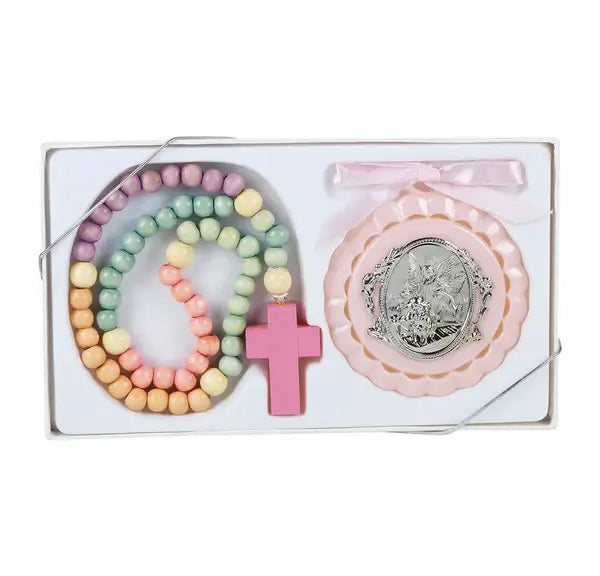 Guardian Angel Crib Medal and Rosary (Pink or Blue) in a beautiful gift box with colorful wooden beads and a pink cross.
