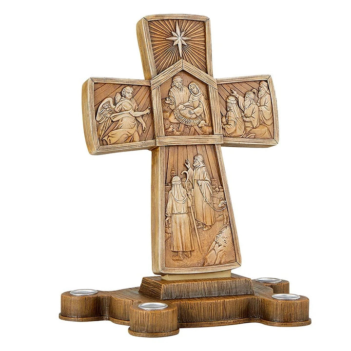 Cross Advent Candle Holder in resin with biblical cross design for Catholic Advent prayer and Christmas décor.