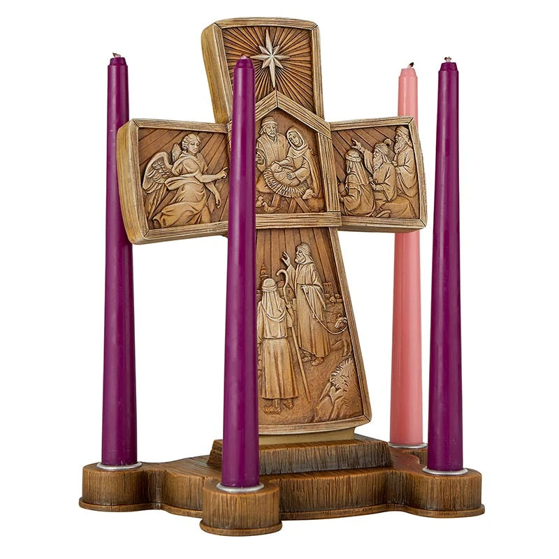 Cross Advent Candle Holder in resin with biblical cross design for Catholic Advent prayer and Christmas décor.