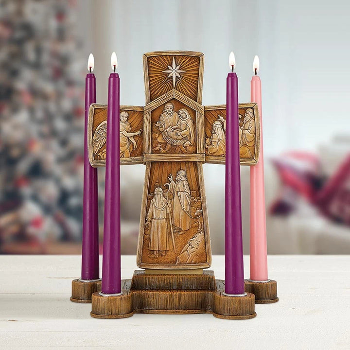 Two-piece Cross Advent Candle Holder for home altars, mantels, family prayer, and Catholic Christmas reflection.
