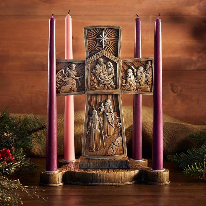 Catholic Cross Advent Candle Holder measuring 12 inches high for hope, peace, joy, and love during Advent.