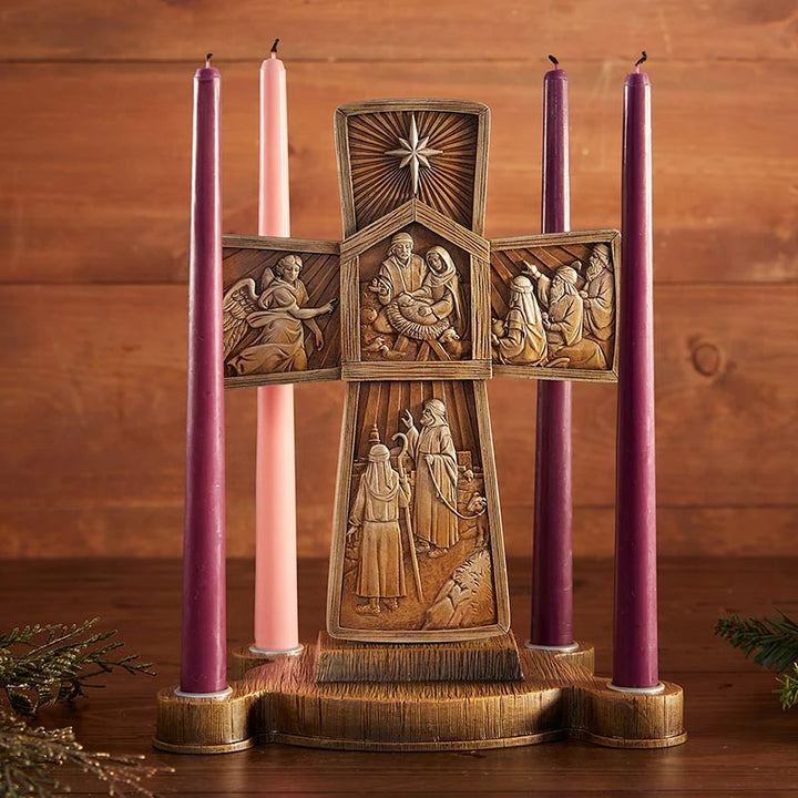 Cross Advent Candle Holder in resin with biblical cross design for Catholic Advent prayer and Christmas décor..