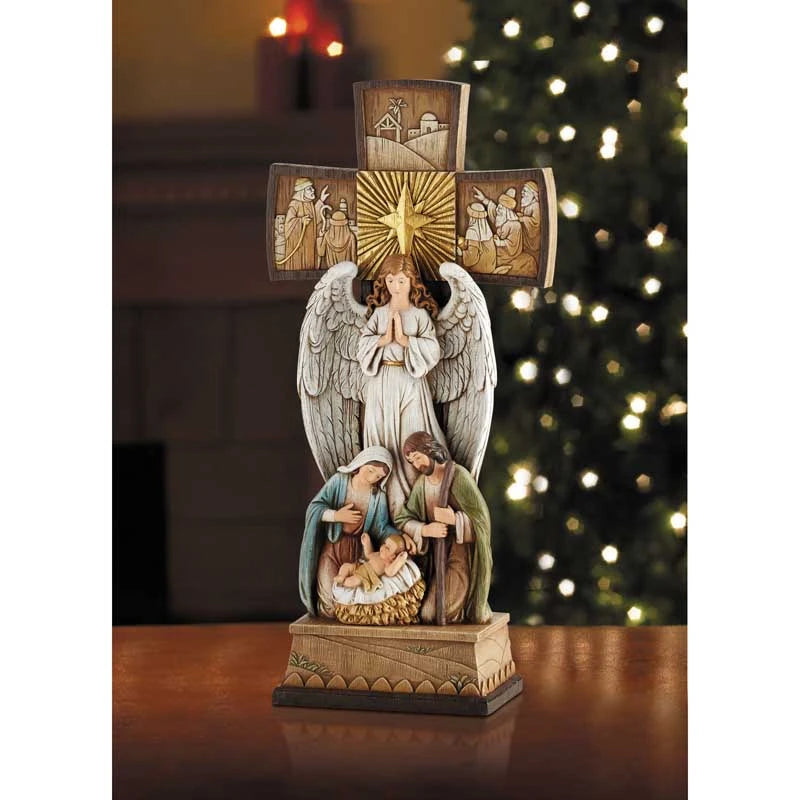 Catholic standing Nativity cross crafted from stoneresin for mantel, prayer space, or Christmas display.