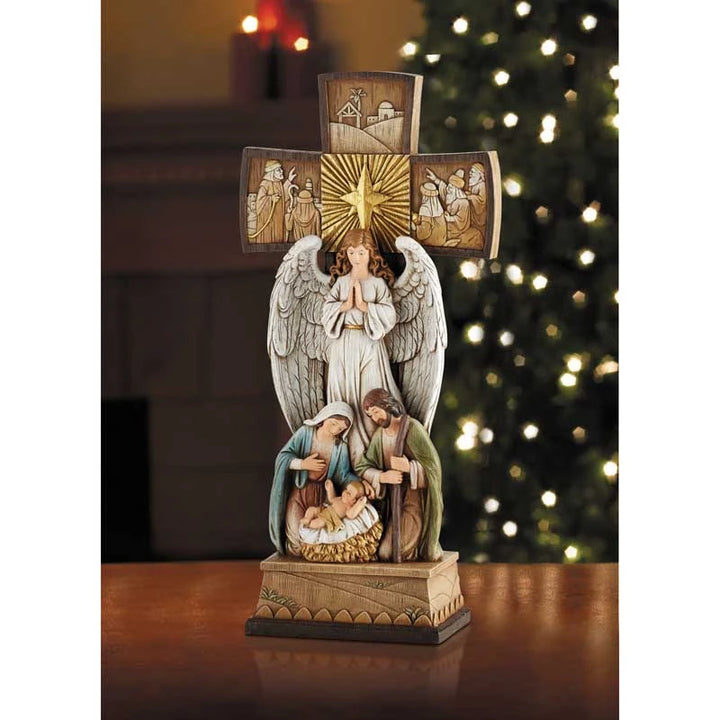 Catholic standing Nativity cross crafted from stoneresin for mantel, prayer space, or Christmas display.