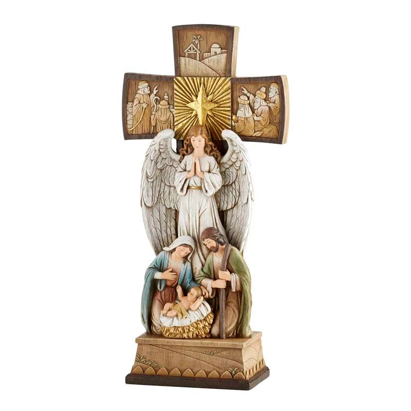 14 inch Cross Nativity by Avalon Gallery with detailed Holy Family figures and antiqued finish.