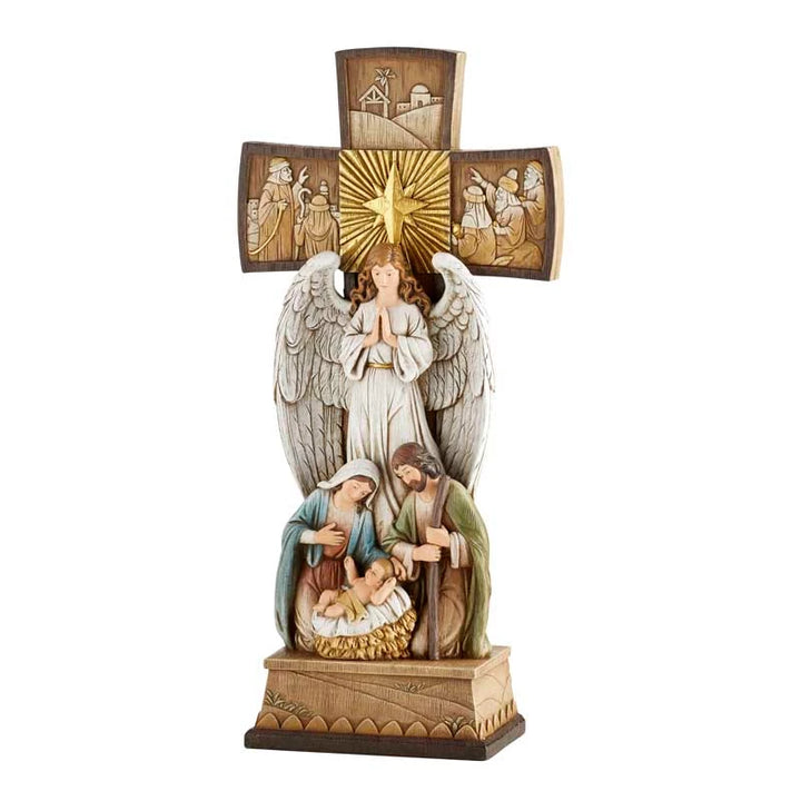14 inch Cross Nativity by Avalon Gallery with detailed Holy Family figures and antiqued finish.