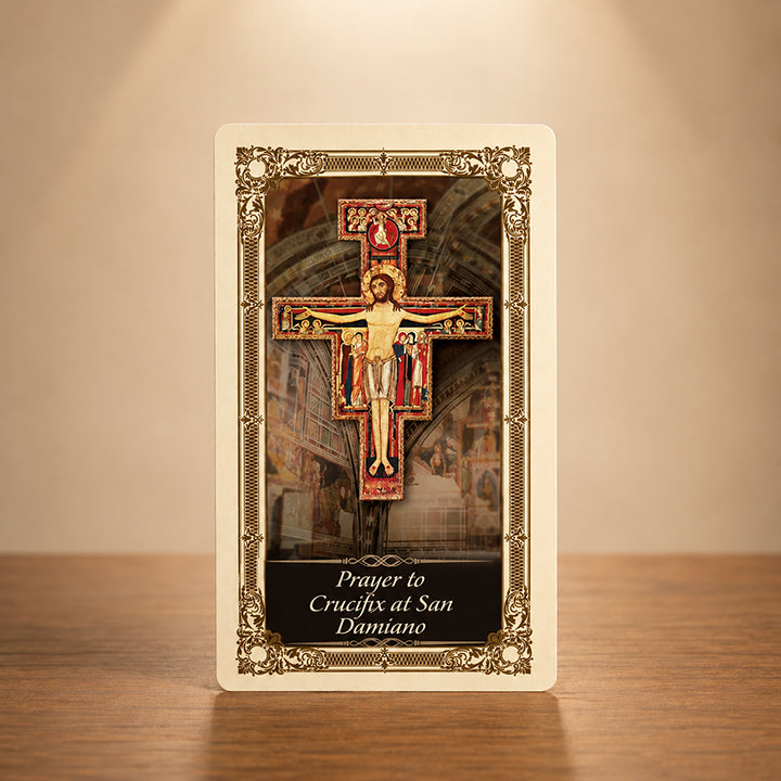 San Damiano Crucifix Prayer Card with iconic St. Francis cross artwork and gold color accents