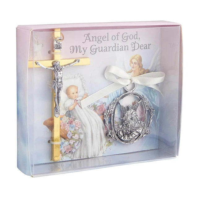 Crucifix with Guardian Angel Crib Medal Set for Baby