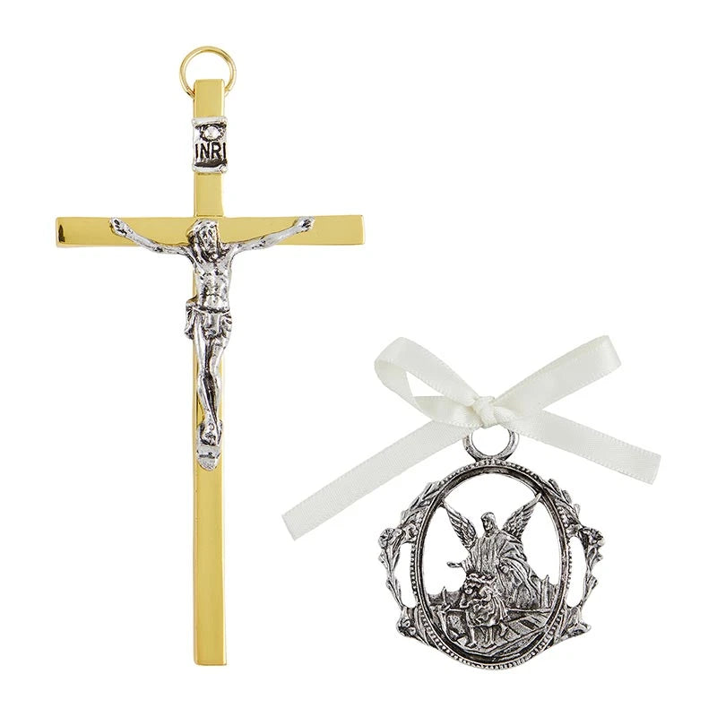 Crucifix with Guardian Angel crib medal set featuring gold plate pewter finish and white ribbon
