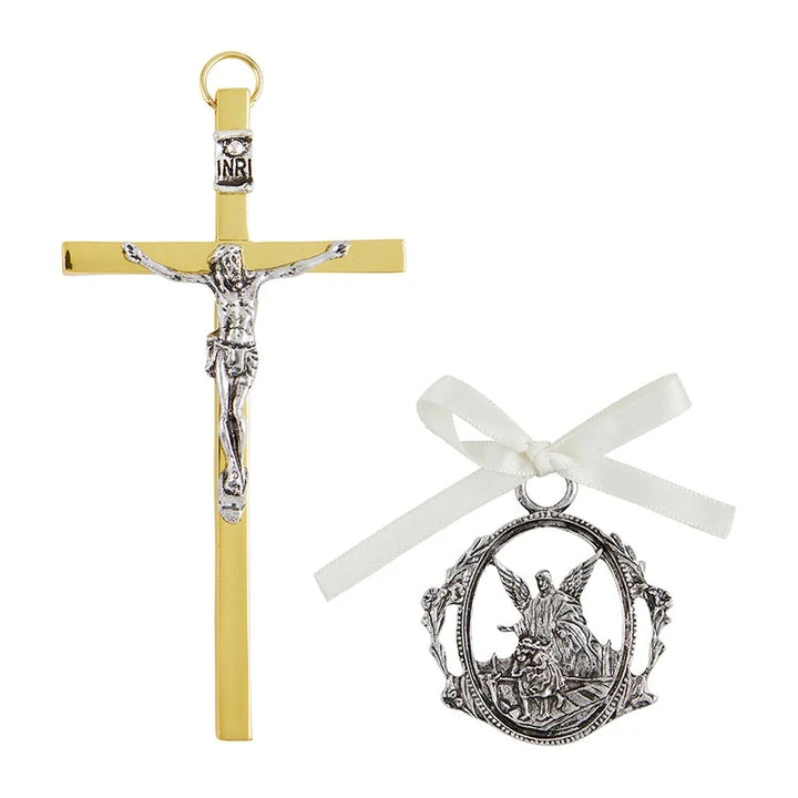 Crucifix with Guardian Angel crib medal set featuring gold plate pewter finish and white ribbon