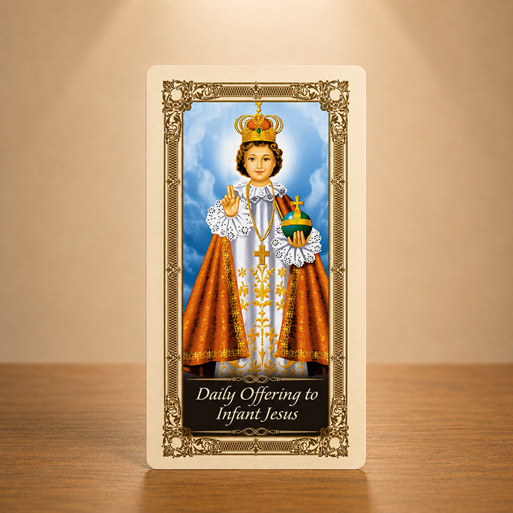 Daily Offering to the Infant Jesus Prayer Card with classic Infant Jesus artwork and gold color accents