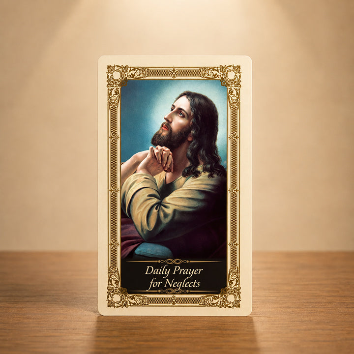 Daily Prayer for Neglects Kilgarlin Laminated HOLY Prayer Card featuring Jesus in prayer with ornate gold accents and Catholic devotional artwork.