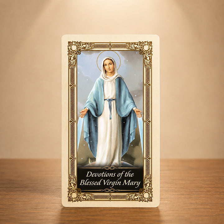 Devotions to the Blessed Virgin Mary Prayer Card with classic Marian artwork and gold colour accents