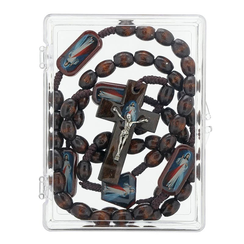 Brown wood Divine Mercy rosary measuring 19.5 inches long for daily prayer, retreats, sacramental gifts, and Catholic devotion.