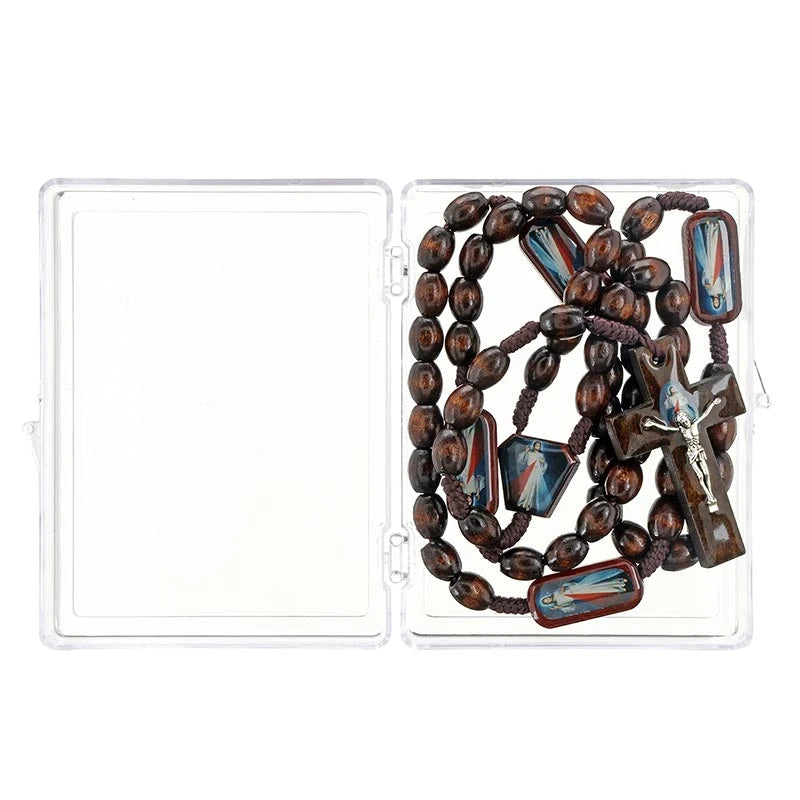 Brown wood Divine Mercy rosary measuring 19.5 inches long for daily prayer, retreats, and Catholic devotion.