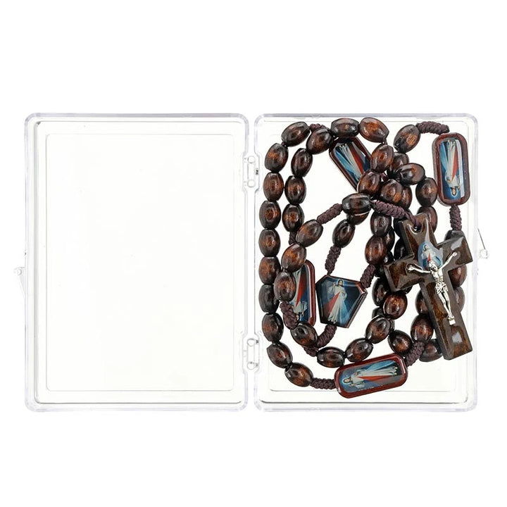 Brown wood Divine Mercy rosary measuring 19.5 inches long for daily prayer, retreats, and Catholic devotion.