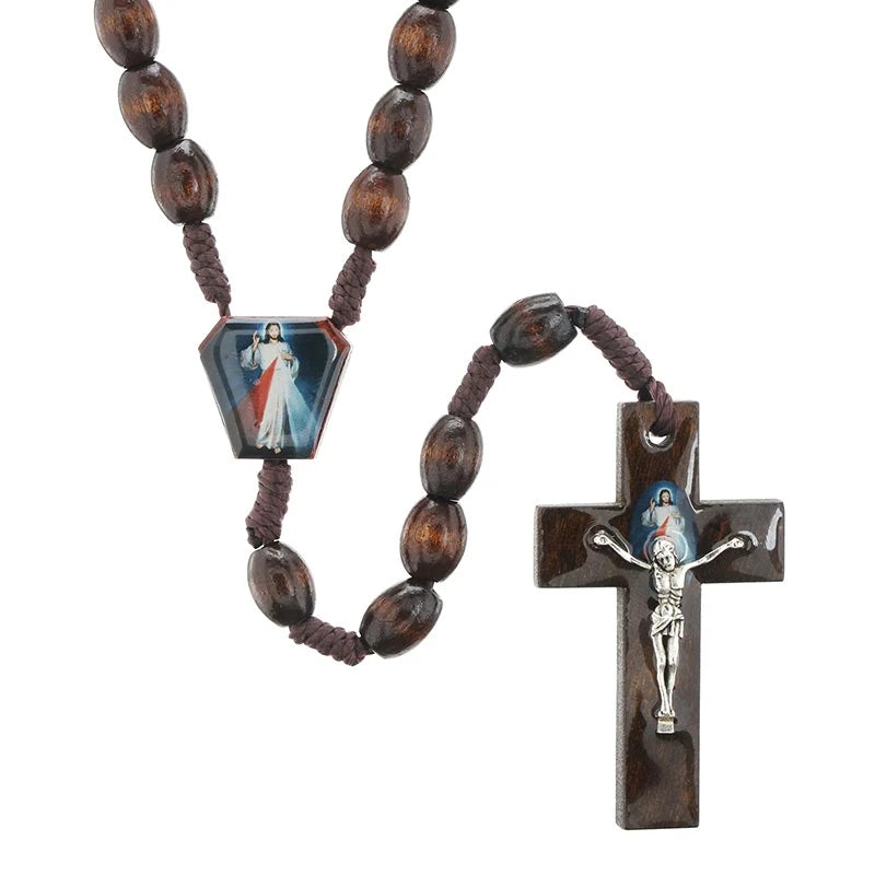 Divine Mercy Brown Wooden Rosary with 6 mm oval wood beads, 2-inch crucifix, and traditional Catholic devotional design.