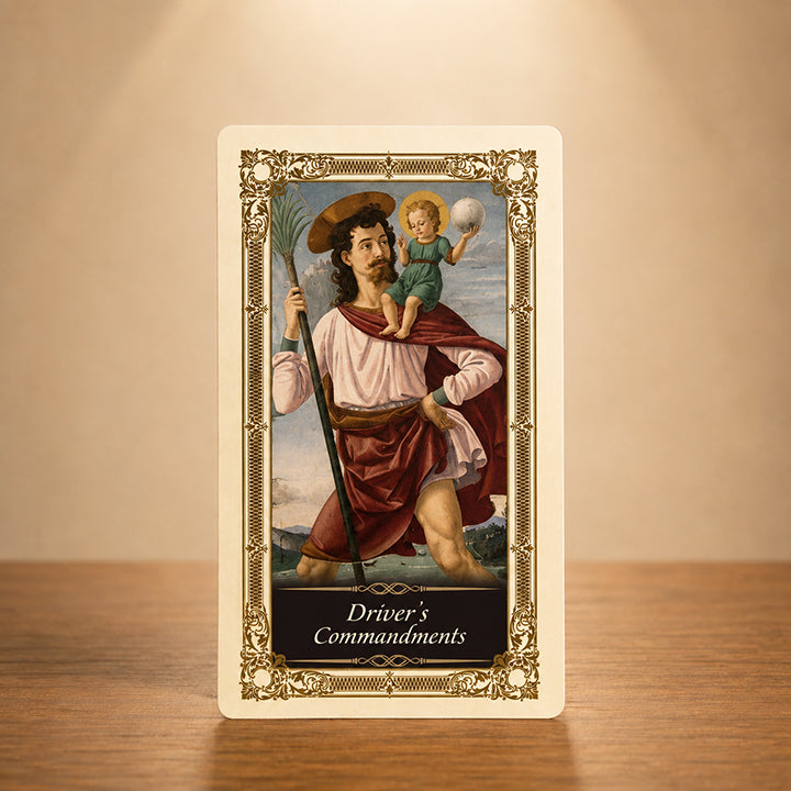 Driver's Commandments prayer card with St. Christopher Catholic artwork