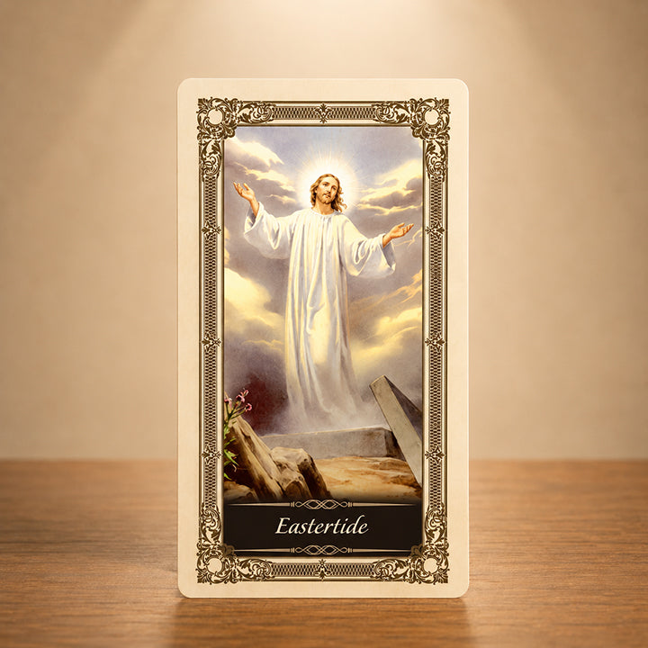 Eastertide Kilgarlin Laminated Prayer Card featuring the Risen Jesus with ornate gold accents, a Catholic Easter prayer card for devotion and gifts.