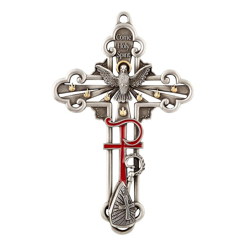  Confirmation Enamel Cross measuring 5 inches high with silver-plated, pewter-finish, and enamel detailing.