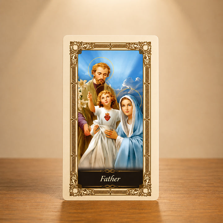 Father Kilgarlin Laminated Prayer Card featuring the Holy Family with St. Joseph, Child Jesus, and Mary in ornate gold Catholic artwork.
