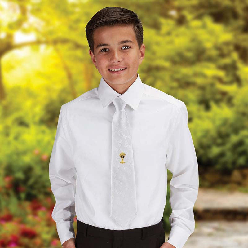 White adjustable First Communion satin brocade tie for boys with golden chalice