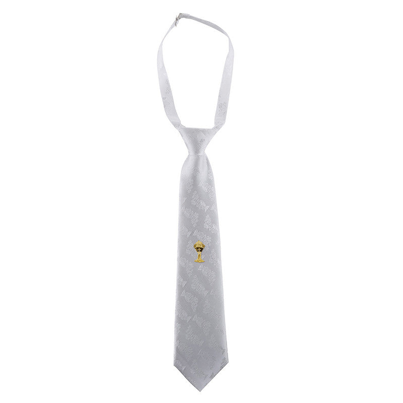 White adjustable First Communion satin brocade tie for boys with golden chalice