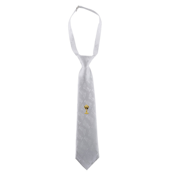 White adjustable First Communion satin brocade tie for boys with golden chalice