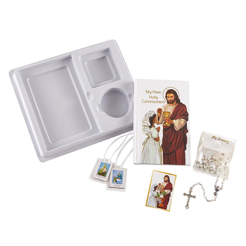 First Communion boxed set for girls with Mass book, pearl white rosary, scapular and cross lapel pin