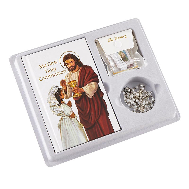First Communion boxed set for girls with Mass book, pearl white rosary, scapular and cross lapel pin